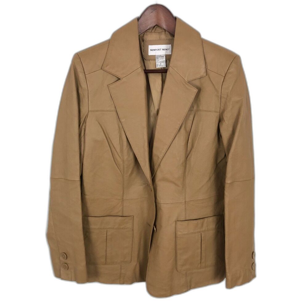 Vintage Newport News Tan Brown Leather Jacket 2 Button Women's Size 10
